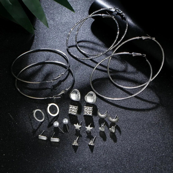 💥12 Pair Silver Plated Geometric Crystal Stud Earring Set Mix for Women, F272 - Picture 2 of 4